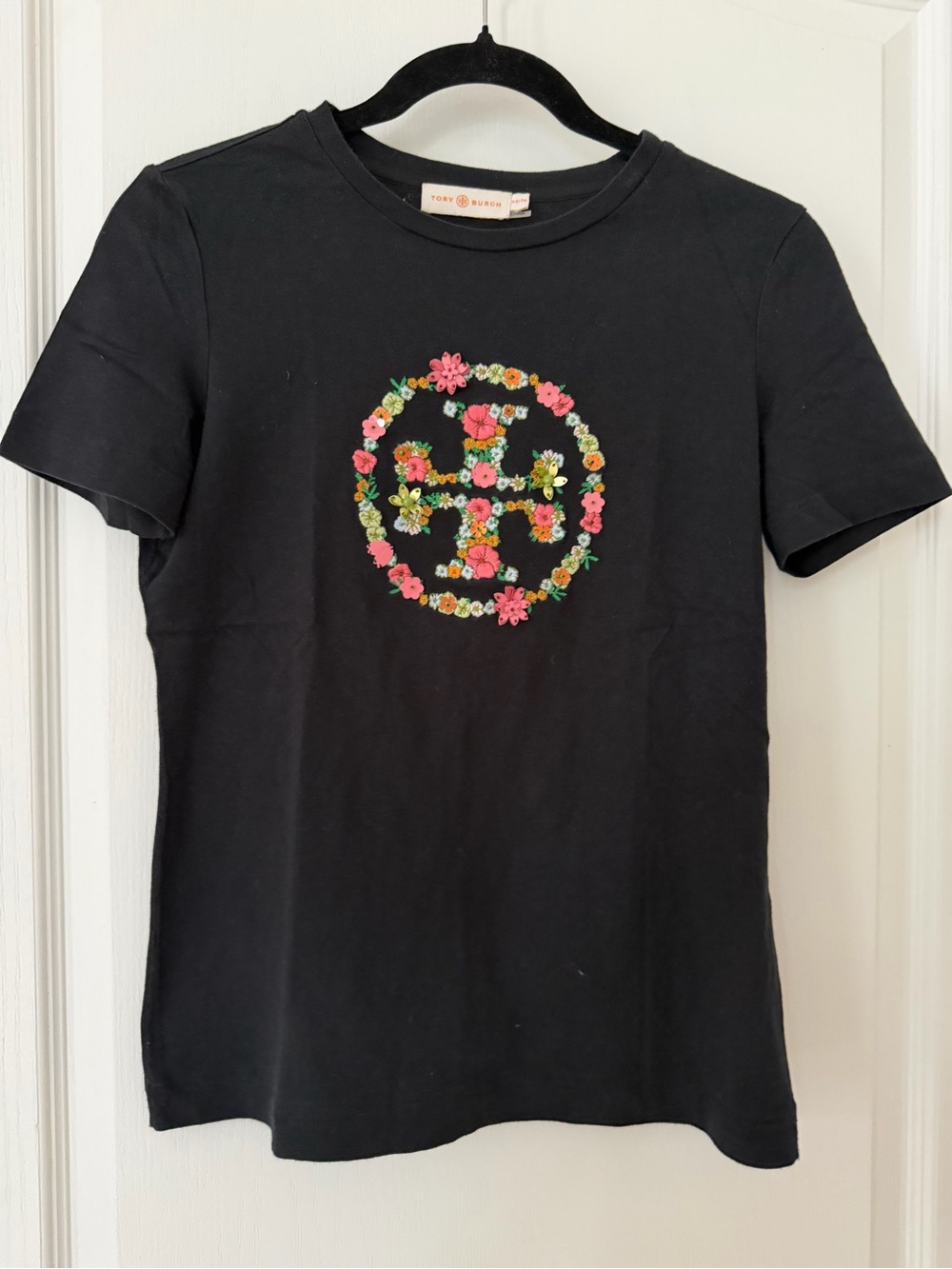 Tory Burch Black Short-Sleeve Tee with Floral Logo